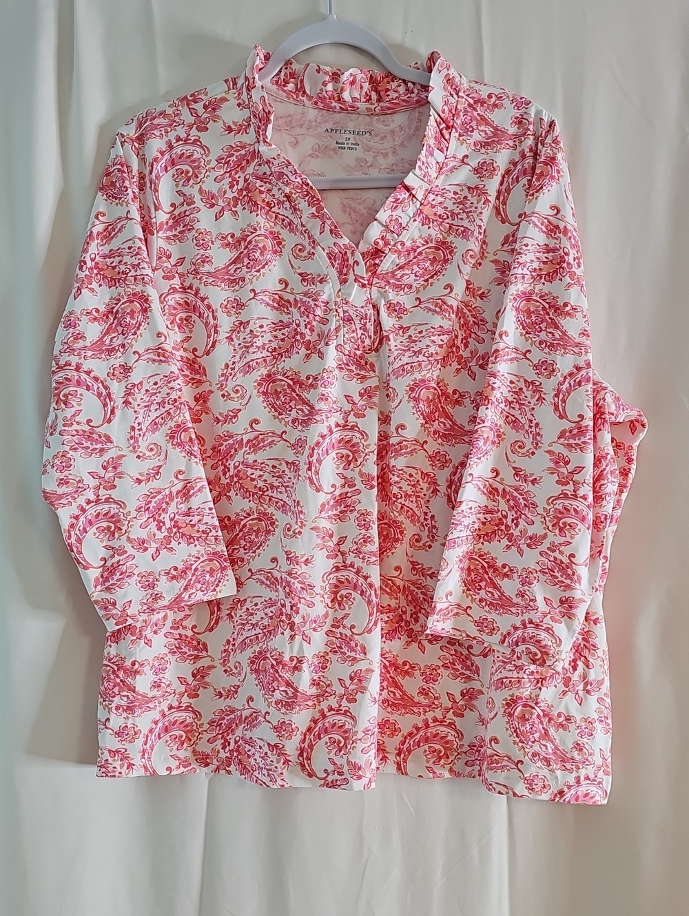Appleseed's Women's Pink Paisley Ruffle-Trim Blouse